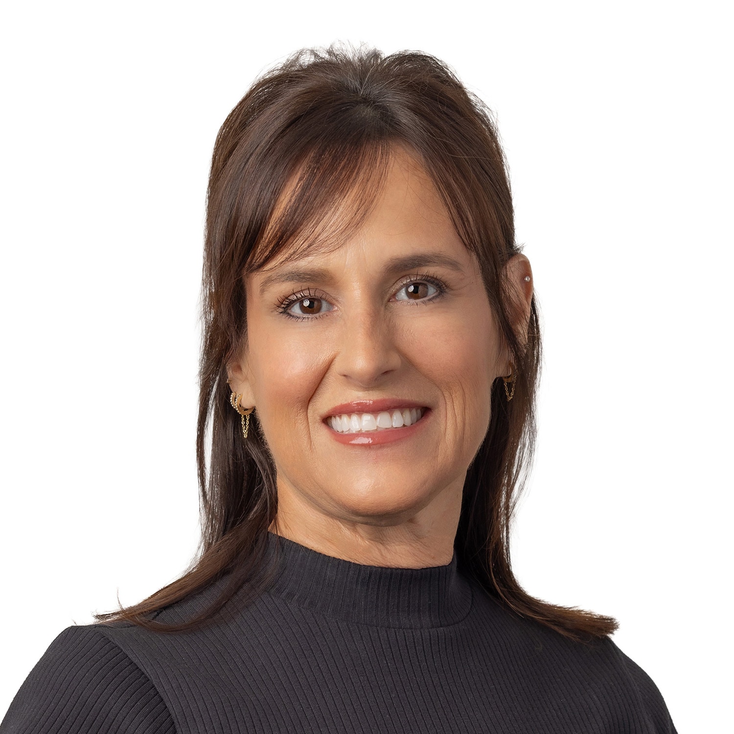 Smiling woman with brown hair, Kristin Altieri, in a black ribbed top poses before a plain white background.